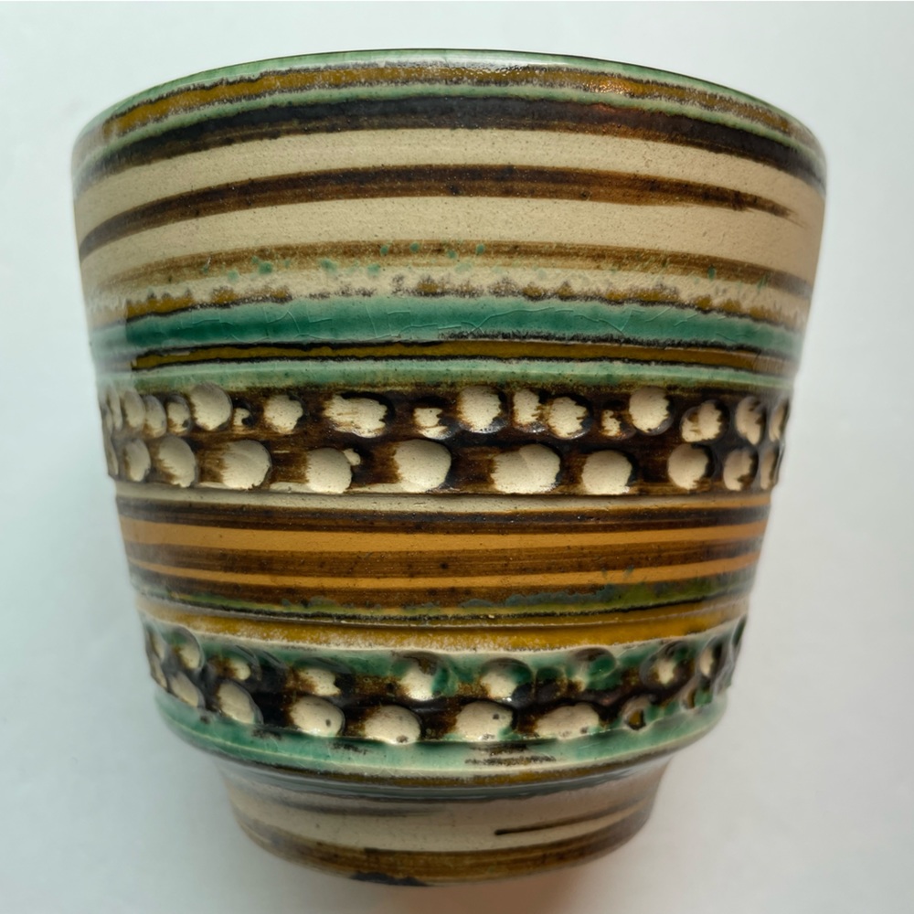 Vintage MCM Germany Klinker style ceramic turquoise/brown planter. Boho